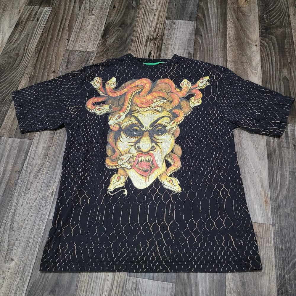 Vintage Y2K Mecca Medusa Graphic T‑Shirt Men’s L Black Multicolor Snakeskin AOP